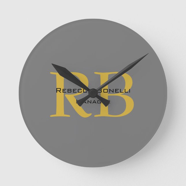 Modern Gray Gold Color Monogram Add Name Initials Round Clock (Front)