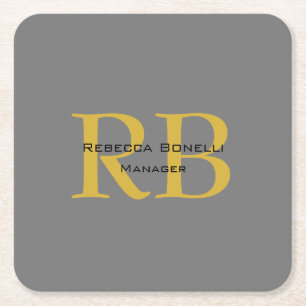 Modern Gray Gold Color Monogram Add Name Initials Square Paper Coaster