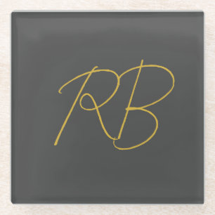 Modern Gray Gold Color Monogram Initials Glass Coaster
