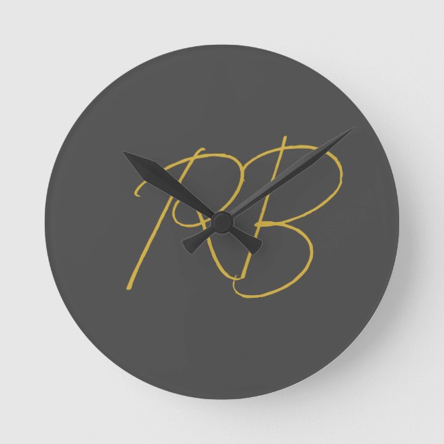 Modern Gray Gold Color Monogram Initials Round Clock (Front)