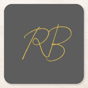 Modern Gray Gold Color Monogram Initials Square Paper Coaster
