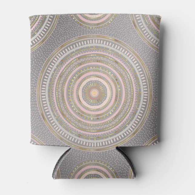 Modern Gray Gold Geometric Mandala Can Cooler (Front)