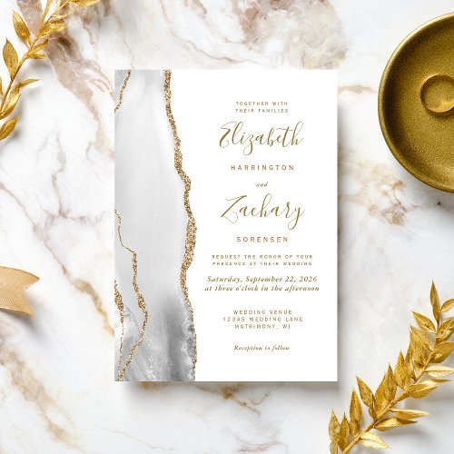 Modern Gray Gold White Agate Wedding Invitation