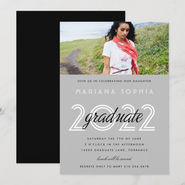 Modern Gray Graduation Photo Invitation (Front/Back)