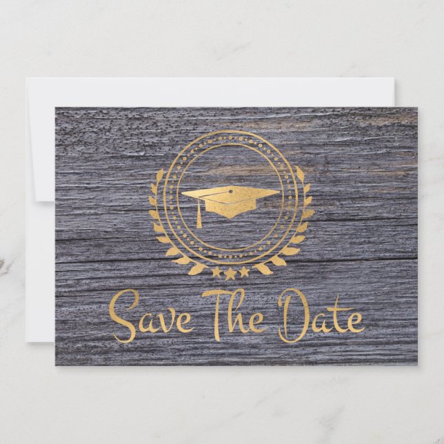 Modern Gray Graduation Save The Date Gold Grad Cap (Front)