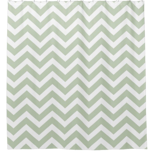 Modern Gray/Green and White Chevron Striped Shower Curtain (Front)