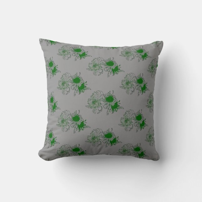 Modern Gray & Green Floral Pattern Throw Pillow (Front)