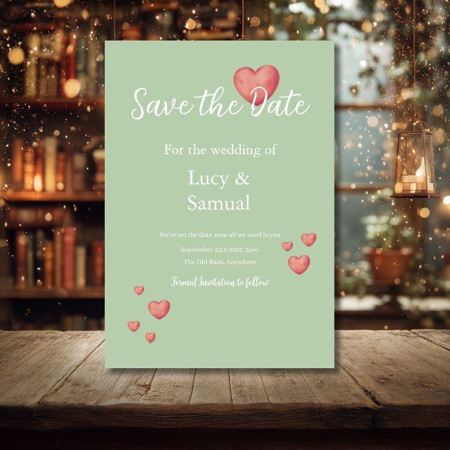 Modern Gray Green Heart Save The Date Card (Creator Uploaded)