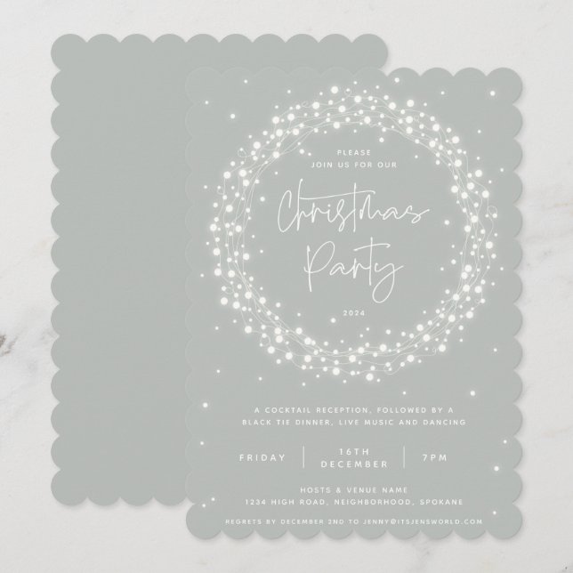 Modern Gray-Green Sparkling Lights Christmas Party Invitation (Front/Back)