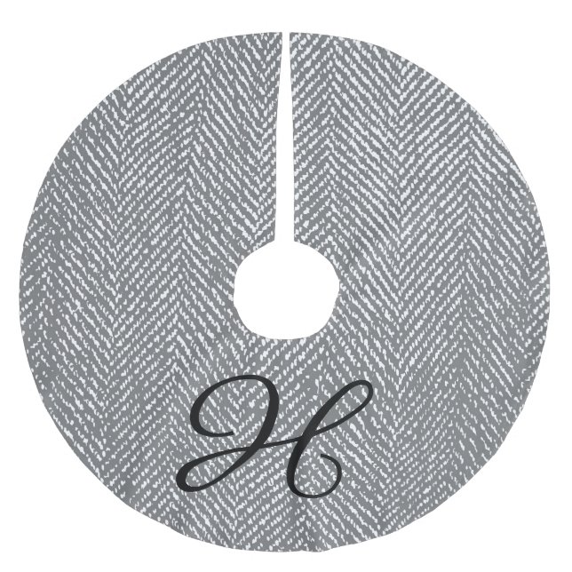 Modern Gray Herringbone & Black Family Monogram Brushed Polyester Tree Skirt (Front)