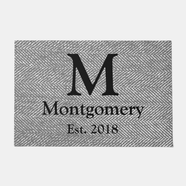 Modern Gray Herringbone & Black Family Monogram Doormat (Front)