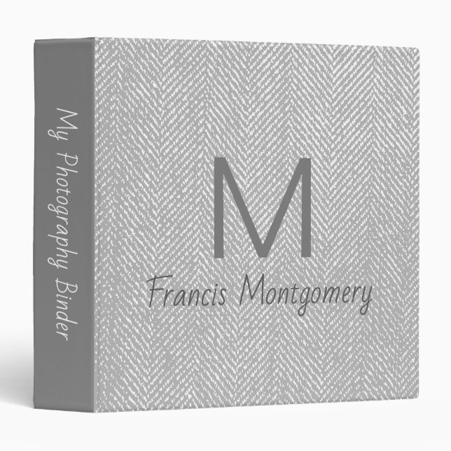Modern Gray Herringbone Custom Name 3 Ring Binder (Front/Spine)