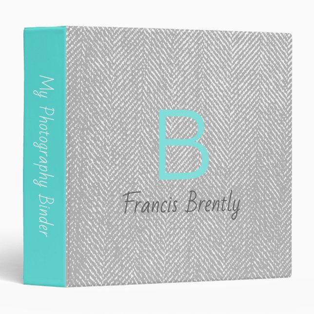 Modern Gray Herringbone & Teal Custom Name 3 Ring Binder (Front/Spine)