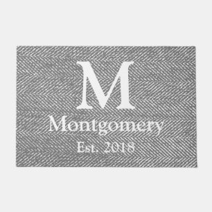 Modern Gray Herringbone & White Family Monogram Doormat