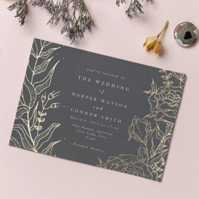  Modern Gray Iron Ore Gold Elegant Pampas Wedding Invitation (Creator Uploaded)