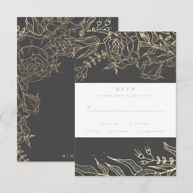 Modern Gray Iron Ore Gold Elegant Pampas Wedding RSVP Card (Front/Back)