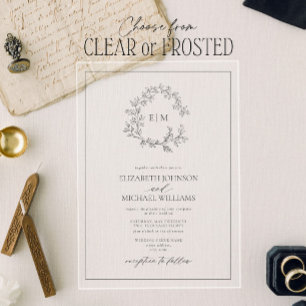 Modern Gray Leafy Crest Monogram Wedding Acrylic Invitations