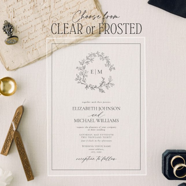 Modern Gray Leafy Crest Monogram Wedding Acrylic Invitations (Creator Uploaded)