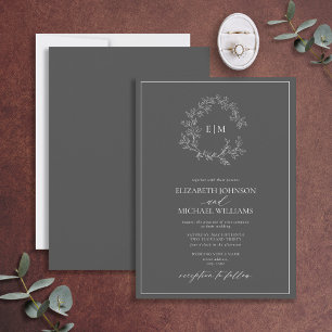 Modern Gray Leafy Crest Monogram Wedding Invitation