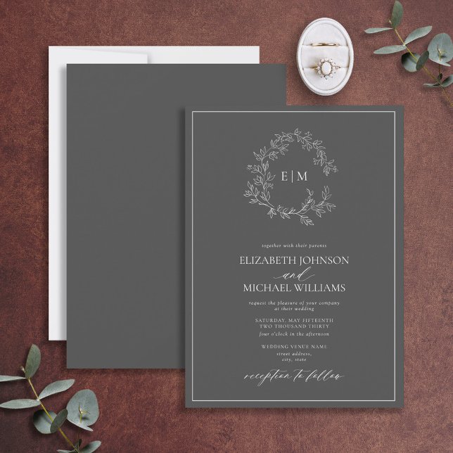 Modern Gray Leafy Crest Monogram Wedding Invitation (Creator Uploaded)