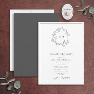 Modern Gray Leafy Crest Monogram Wedding Invitation