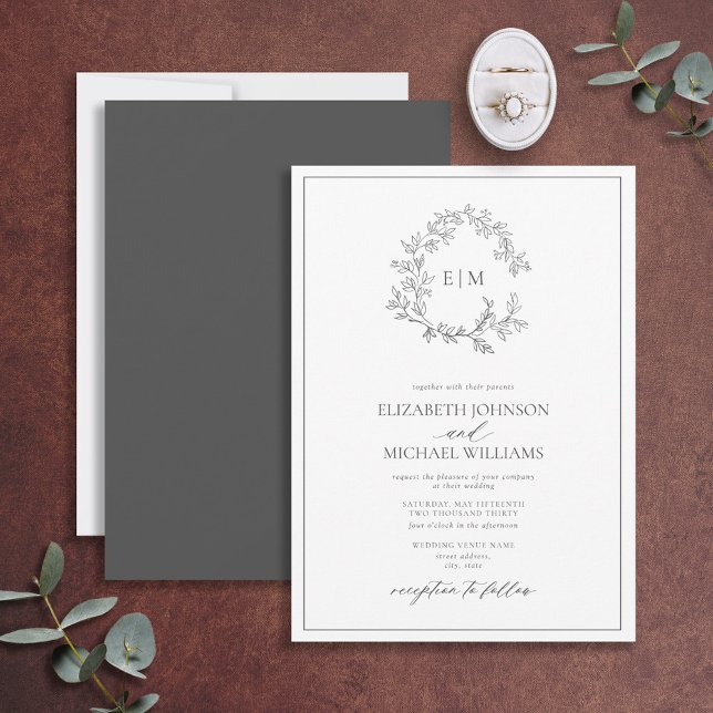 Modern Gray Leafy Crest Monogram Wedding Invitation (Creator Uploaded)