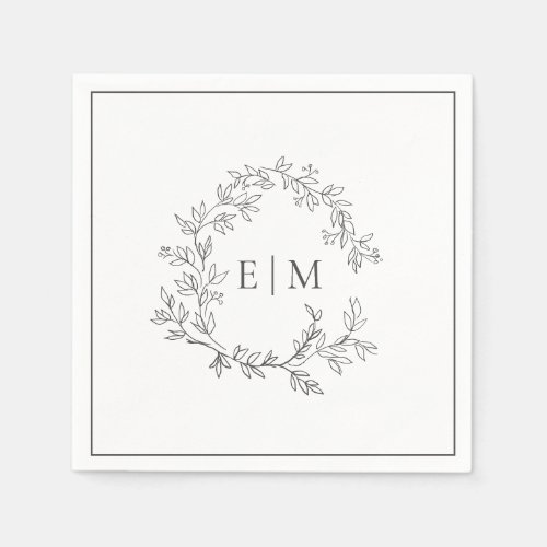 Modern Gray Leafy Crest Monogram Wedding Napkins