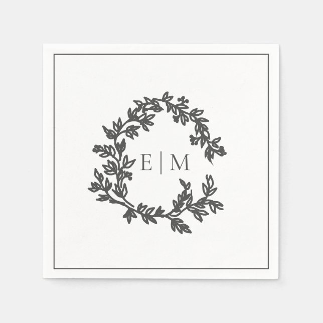 Modern Gray Leafy Crest Monogram Wedding Napkins (Front)