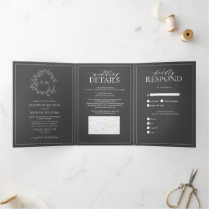 Modern Gray Leafy Crest Monogram Wedding Tri-Fold Invitation