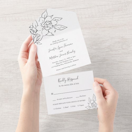 Modern Gray Line Art Floral Elegant Wedding All In One Invitation