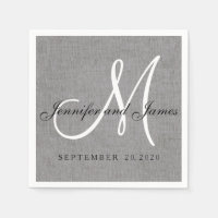 Modern Gray Linen Monogram Wedding Paper Napkins