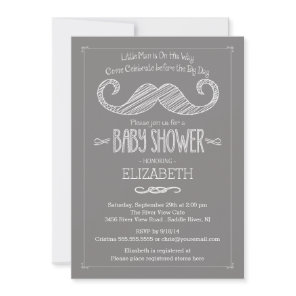 Modern Gray Little Man Mustache Baby Shower Invitation