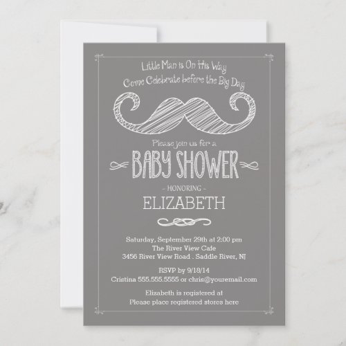 Modern Gray Little Man Mustache Baby Shower Invitation
