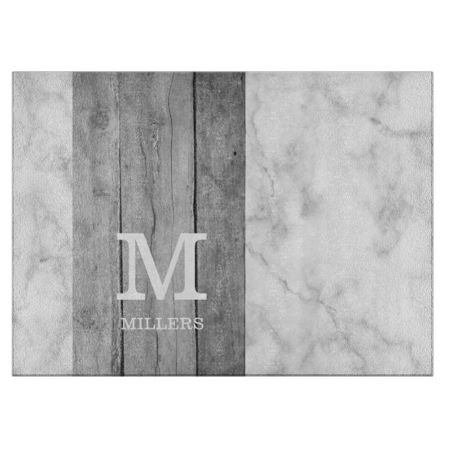  Modern Gray Marble And Wood Family Name Monogram  Cutting Board (Front)