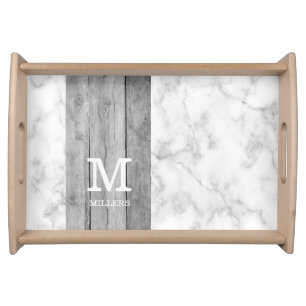 Modern Gray Marble And Wood Family Name Monogram Serving Tray