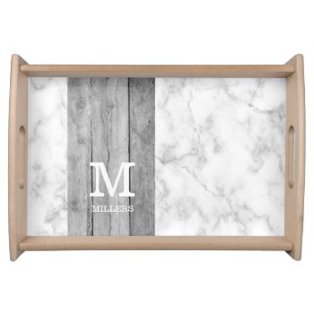 Modern Gray Marble And Wood Family Name Monogram  Serving Tray by InitialsMonogram at Zazzle