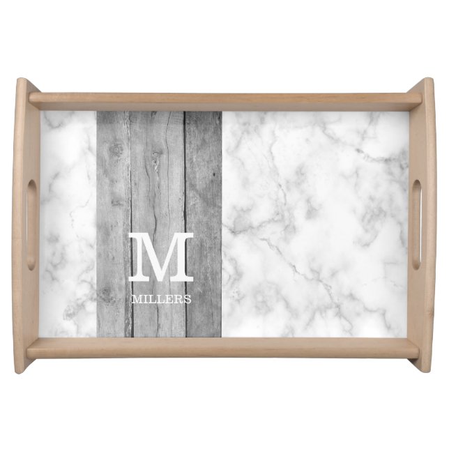  Modern Gray Marble And Wood Family Name Monogram  Serving Tray (Front)