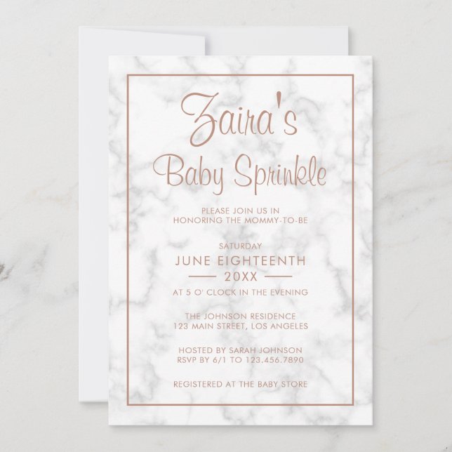 Modern Gray Marble Rose Gold Girl Baby Sprinkle Invitation (Front)