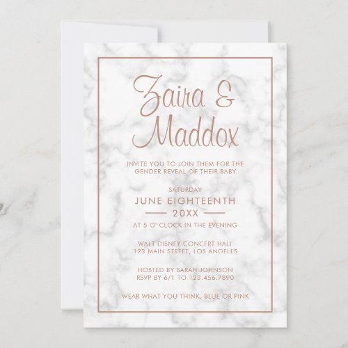 Modern Gray Marble Rose Gold Script Gender Reveal Invitation