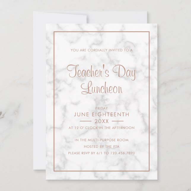 Modern Gray Marble Rose Gold Teacher's Day Invitation (Front)