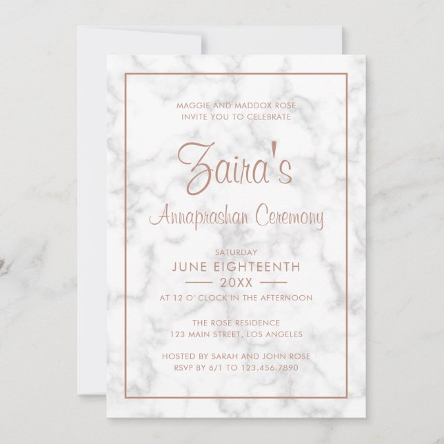 Modern Gray Marble with Rose Gold Annaprashan Invitation (Front)