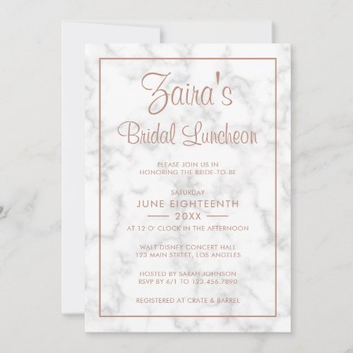 Modern Gray Marble with Rose Gold Bridal Luncheon Invitation