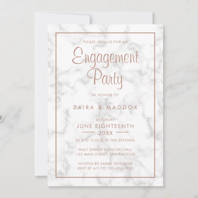 Modern Gray Marble with Rose Gold Engagement Party Invitation (Front)