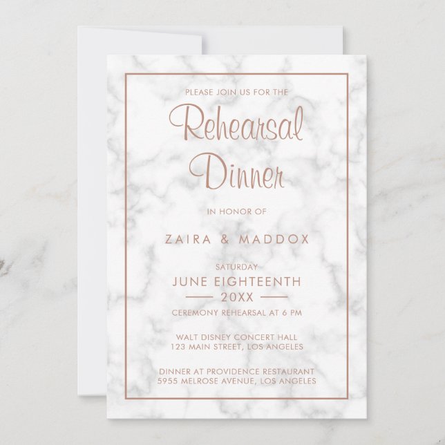 Modern Gray Marble with Rose Gold Rehearsal Dinner Invitation (Front)
