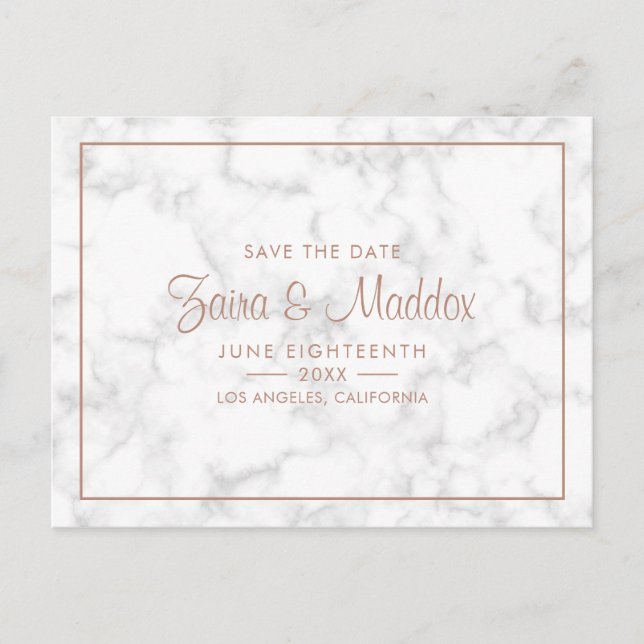 Modern Gray Marble with Rose Gold Save the Date Announcement Postcard (Front)