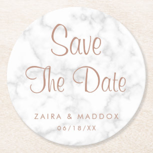 Modern Gray Marble with Rose Gold Save the Date Round Paper Coaster