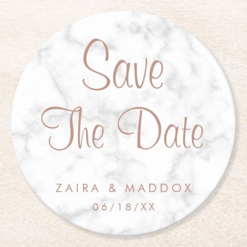 Modern Gray Marble with Rose Gold Save the Date Round Paper Coaster