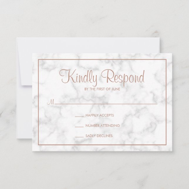 Modern Gray Marble with Rose Gold Script Wedding RSVP Card (Front)