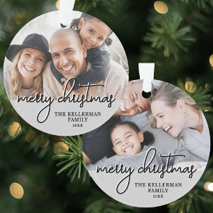 Modern Gray Merry Christmas Script Family Photo Ornament