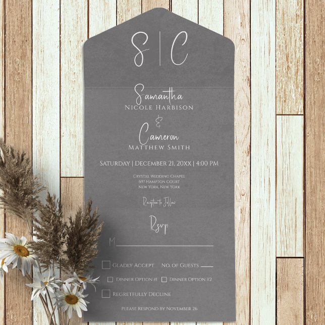 Modern Gray Minimal Monogram Dinner All In One Invitation (Creator Uploaded)